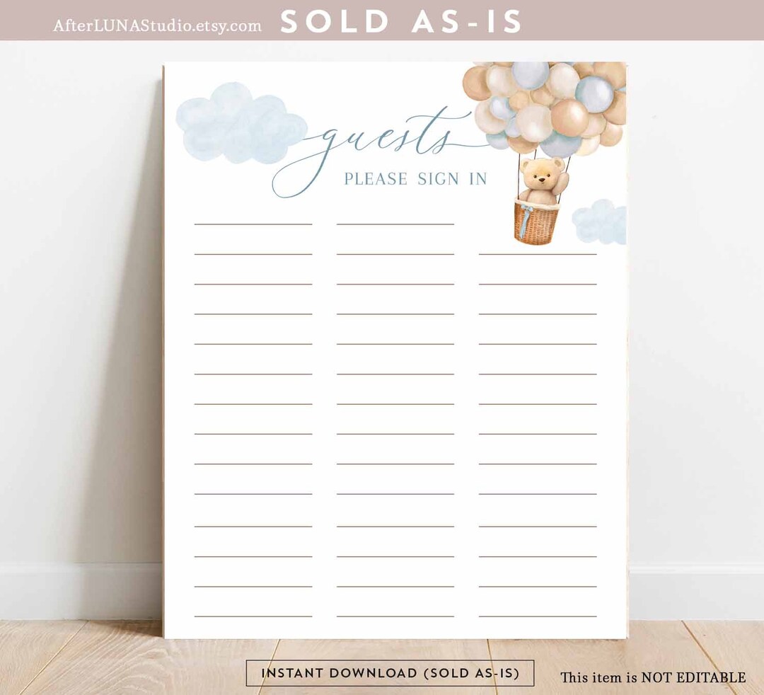 Boy Teddy Bear Hot Air Balloon Baby Shower Decor Guest Sign in Sheet We ...