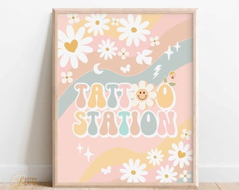 Groovy Birthday Party Pastel 70' Daisy Decoration Tattoo Station Sign Groovy Rainbow Hippie Birthday Printable Instant Download 665K10