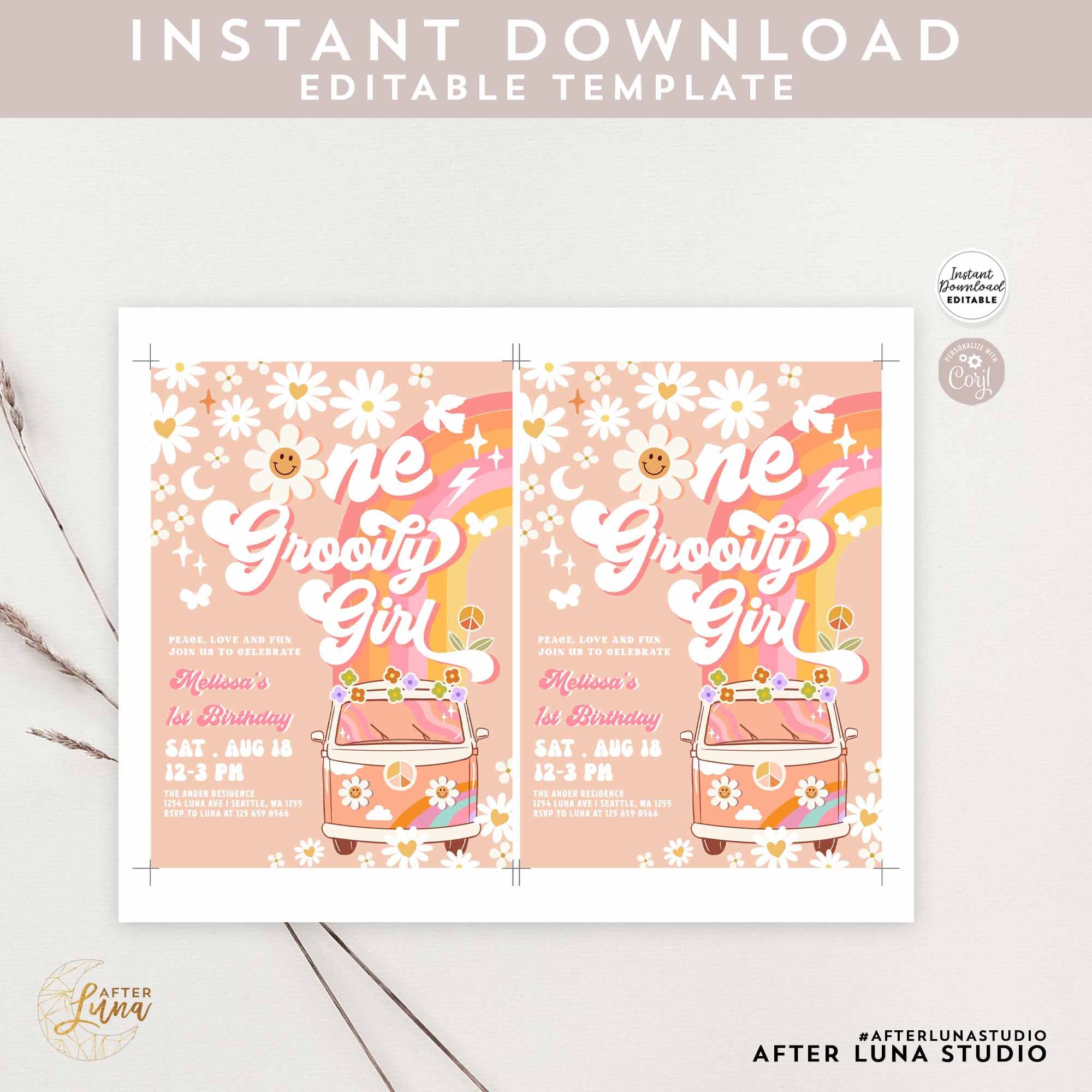 Editable ONE Groovy Girl Pink Peach Van Daisy Rainbow Groovy 1st ...