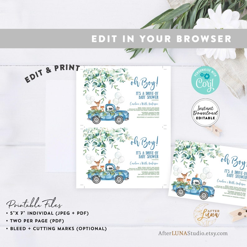 Editable Drive by Baby Shower Invitation Boy Blue Pickup Truck Etsy