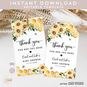 Editable Sunflower Honey Bee Bumble Bee Baby Shower Thank You for Being Bee-ing Here Gift Tag Tags Printable Template Instant Download 846V1
