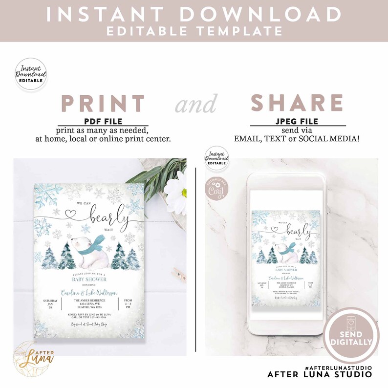 May include: A blue and white baby shower invitation with a polar bear wearing a scarf and the text "We can bearly wait". The invitation is decorated with snowflakes and pine trees.