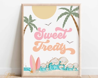 Girl Surf Birthday Sign: Pink Peach Beach Theme Sweet Treats Signs (Digital Download) 630K3