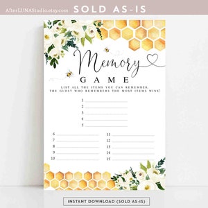 May include: A printable memory game with a bee and honeycomb theme. The game features a white floral design with a yellow honeycomb pattern. The text on the game says "Memory Game" and "List all the items you can remember. The guest who remembers the most items wins!"