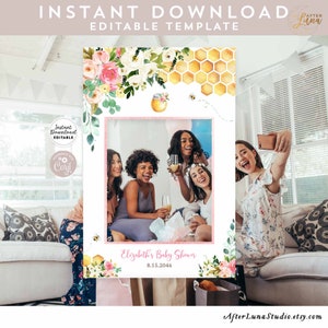 Editable Hot Pink Floral Selfie Photo Booth Frame 24x36&quot; Honey Bee Baby Shower Selfie Poster Digital Printable Instant Download 841V1