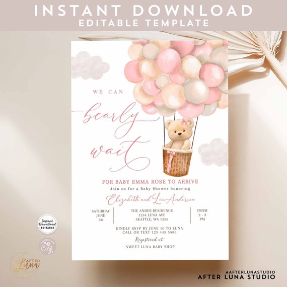 Editable Girl Teddy Bear Hot Air Balloon Bear Theme Baby Shower Invitation We Can Bearly Wait Invites Template Instant Download 905V3 (3)