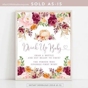 Burgundy Pink Fall Pumpkin Drink Up Baby Game Baby Shower Brunch Game Games Digital Printable Sign Instant Download AL28