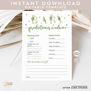 Editable St Patrick's Day Greenery Gold Baby Shower Juego Predicciones y consejos Plantilla imprimible Editable Descarga instantánea 912V1