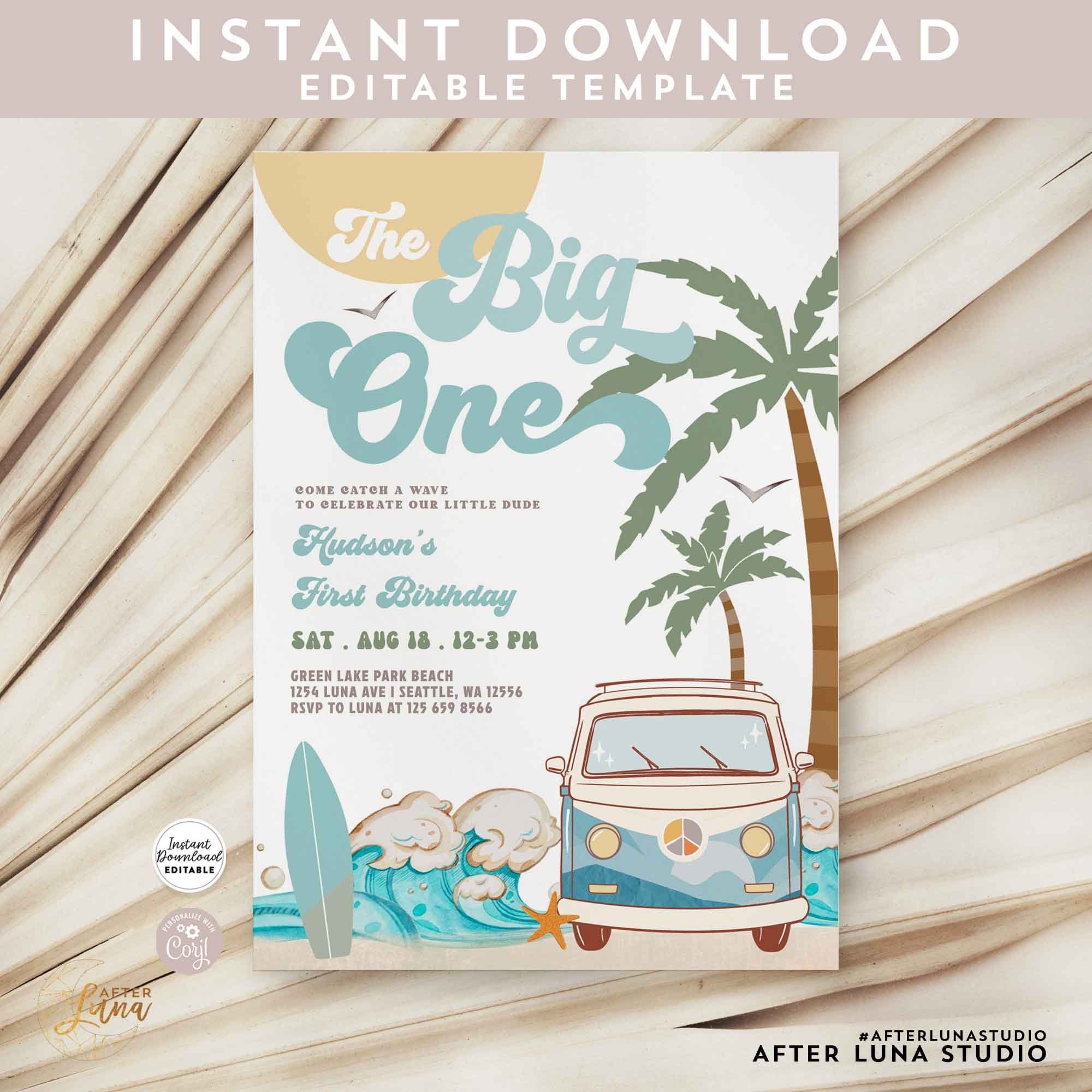 Editable Boy The Big One Surfing 1st Birthday Party Invitation Retro Boy Surf Van Surfboard Beach Party Invite Instant Download 661K3 (6)