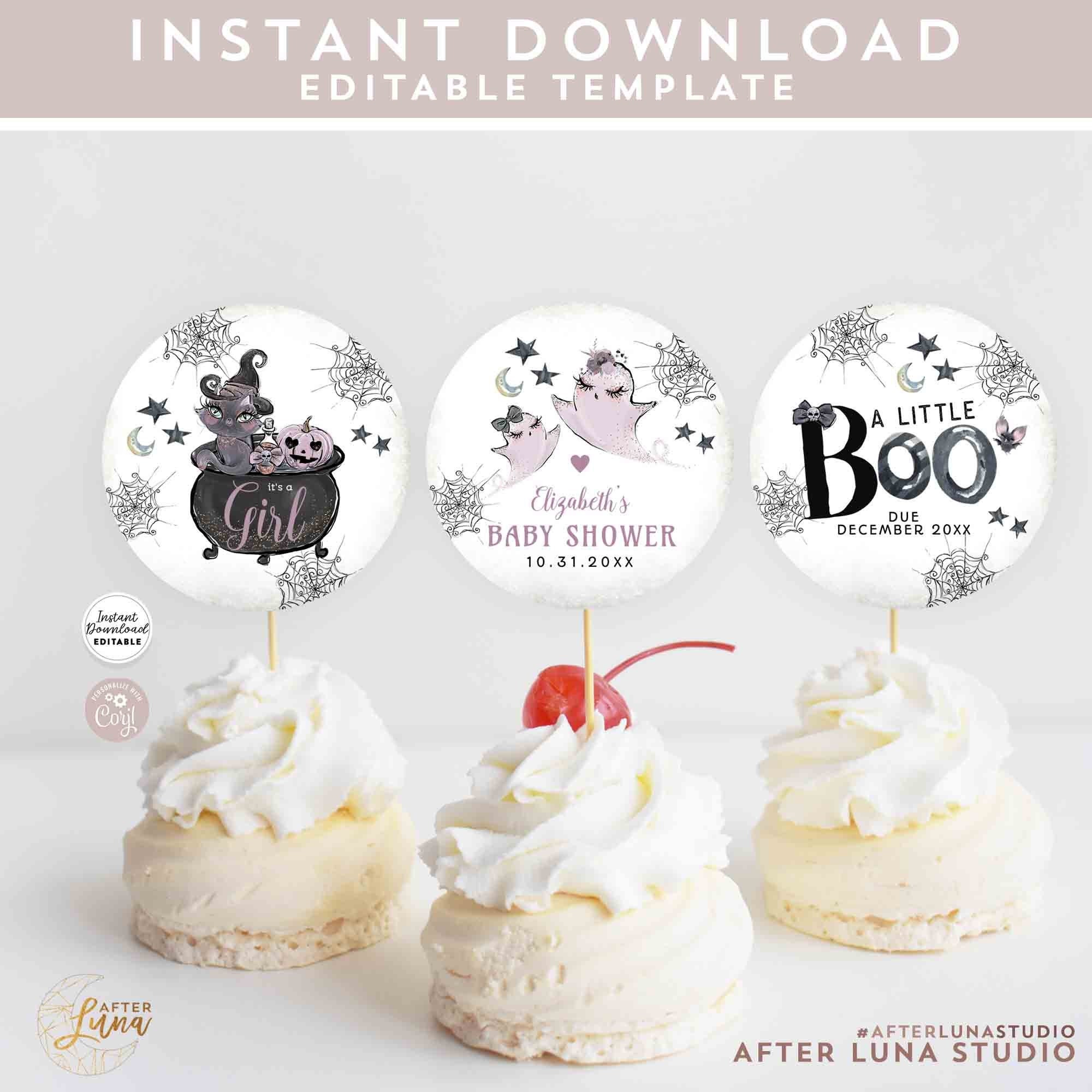 Editable Little Boo Halloween Baby Shower 2 Cupcake Toppers Baby Shower Sprinkle Cupcake Decor Decoration Template Instant