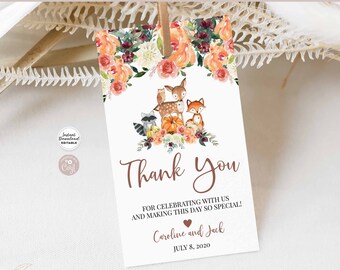 May include: A white gift tag with a watercolor floral design and woodland animals. The tag reads "Thank You" and includes the text "For celebrating with us and making this day so special!" and the date July 8, 2020.