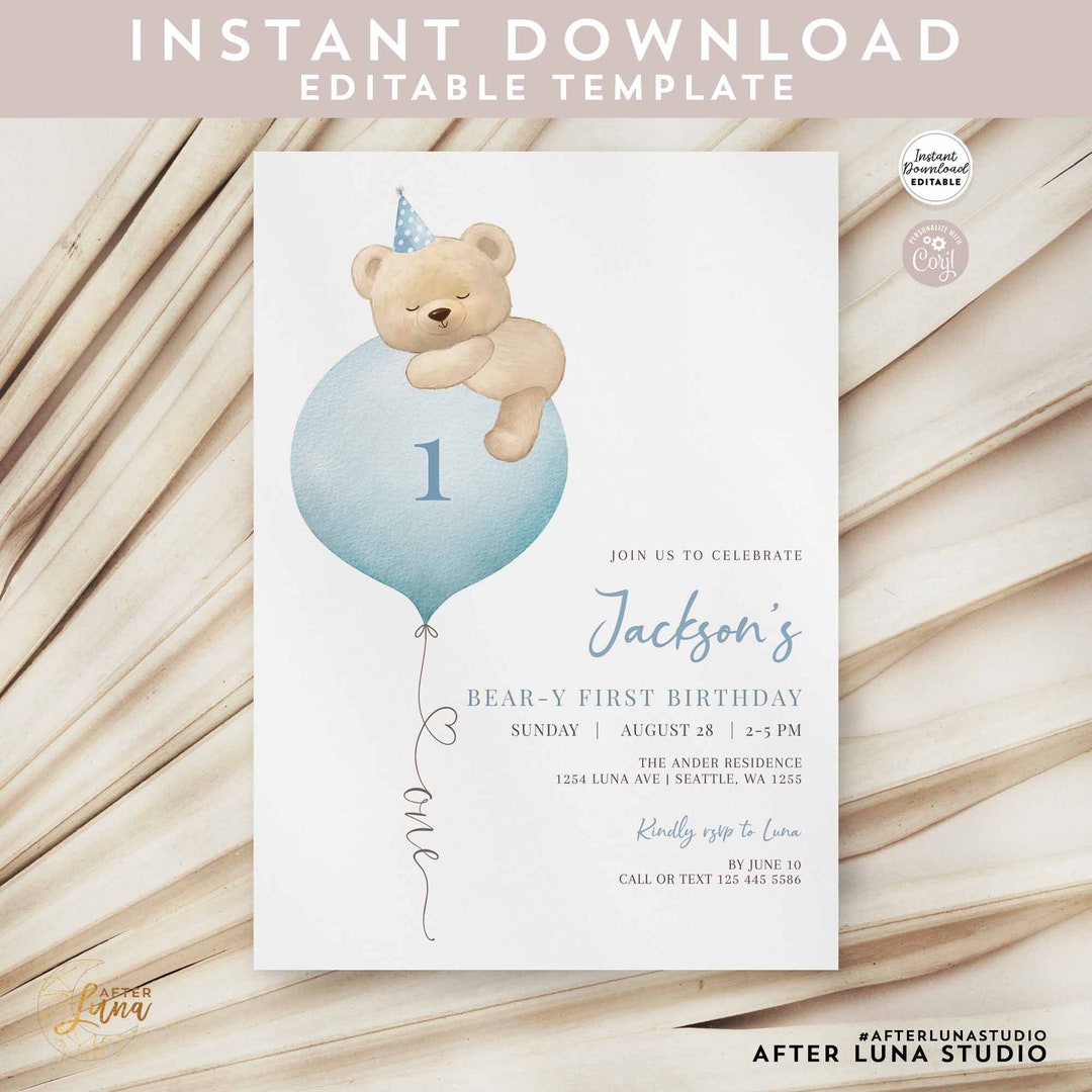 Editable 1st Birthday Boy Teddy Bear Birthday Invitation Blue Balloon ...