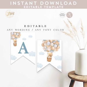 Editable ANY WORDING Blue Boy Teddy Bear Hot Air Balloon Bear Pennant Banner 8.5x11&quot; Birthday Decor Template Instant Download 905V1