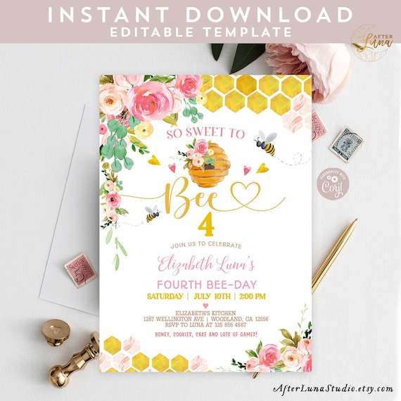 Editable ANY AGE Bee Birthday Invitation Girl Pink Honey Bee So Sweet To Bee Bee Day Birthday Invite Template Instant Download 423KID (3)