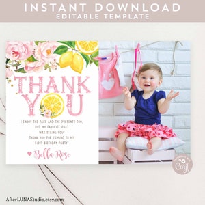 Editable Pink Floral Lemon Lemonade Birthday Photo Thank You Flat Card Editable Template / Instant Download AL1490