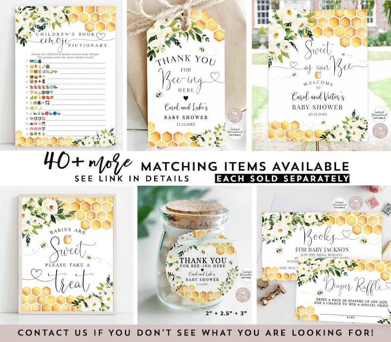 Op de afbeelding: Een set met printbare babyborstdecoraties met een bijen-thema. De decoraties hebben een honingraatpatroon, witte bloemen en de tekst "Sweet as can Bee".