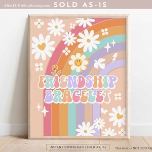 Groovy Birthday Party Decor 70' Daisy Friendship Bracelet Sign Groovy Rainbow Hippie Birthday Decoration Printable Instant Download 633K4