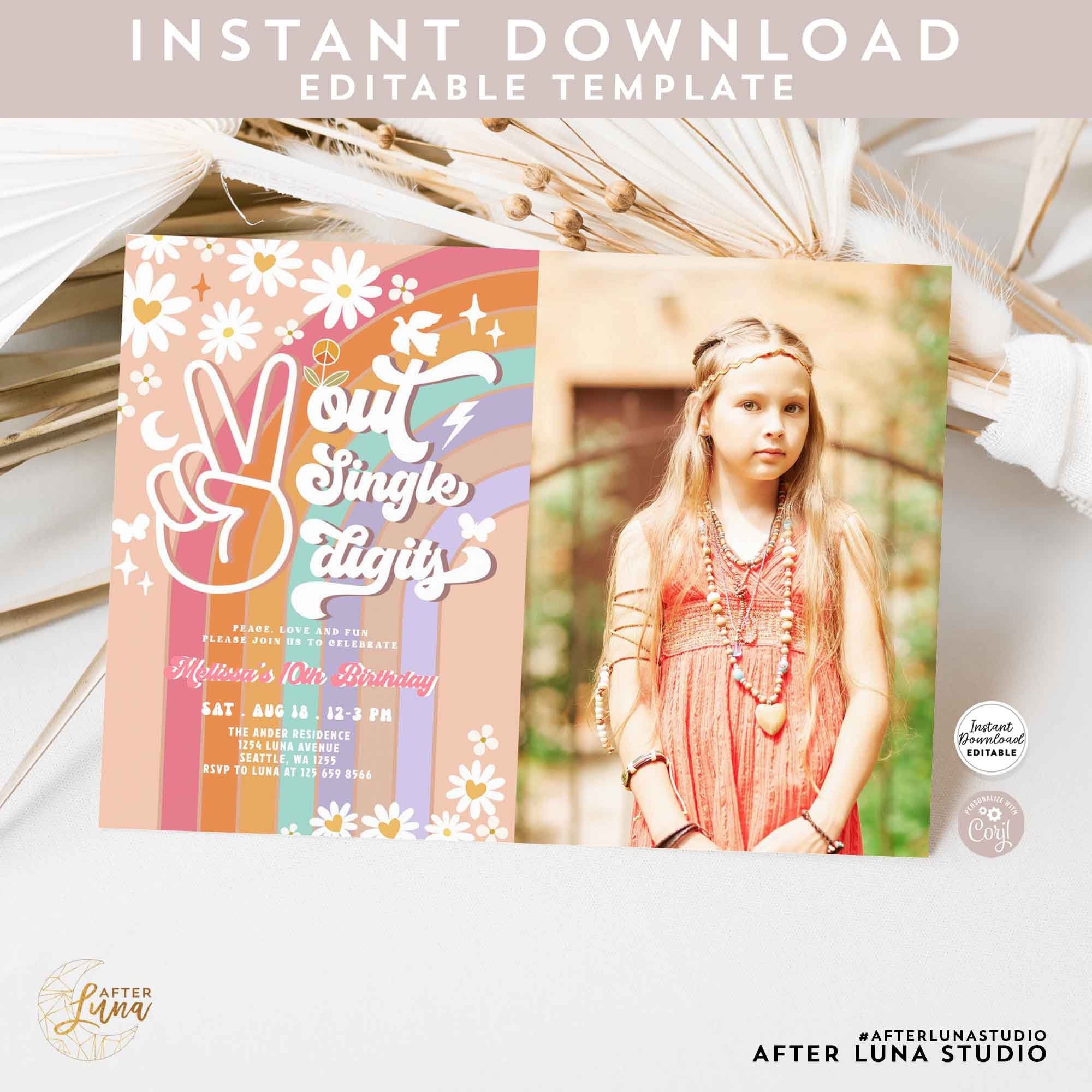Editable Rainbow Peace Out Single Digits Groovy 10th Birthday Invite Daisy Rainbow Hippie Birthday Invitation Instant Download 633K1 (10-2)