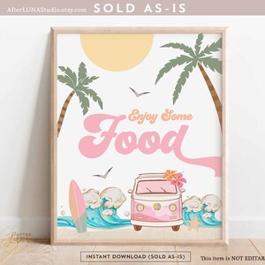 Chica rosa surf surf cumpleaños decoración comida mesa decoración signo The Big One Surf's Up decoraciones de cumpleaños imprimible descarga instantánea 661K1