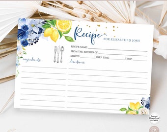 Editable Personalized Blue Floral Lemon Lemon Recipe Card Wedding Couple Bridal Shower Recipe Printable Template Instant Download 157BR5
