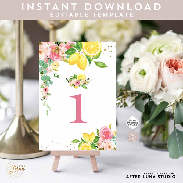 Editable Pink Floral Lemon Table Number Unlimited Numbers Couple Baby Shower Brunch Table Decor Template Instant Download 157BR2