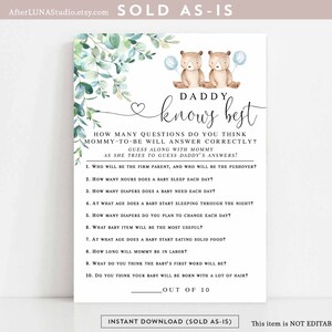 Greenery Twin Twins Boy Blue Balloon Teddy Bear Daddy Knows Best Game Shower Sprinkle Games Boys Printable Instant Download 1432V7
