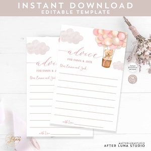 Bewerkbare roze teddybeer heteluchtballon Beer Advieskaart Baby Beer verjaardagsnotitiekaart sjabloon Instant download 905V3