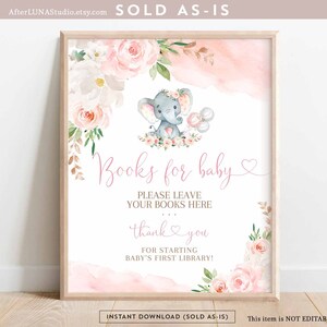 Libros de elefantes rosa ruborizado para letrero de bebé, decoración de baby shower con elefante de niña cacahuete, letrero de decoración, descarga digital instantánea 288V1