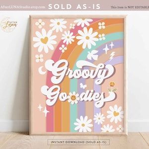 Groovy Birthday Party Decor 70&#39; Daisy Groovy Goodies Sign Decor Groovy Rainbow Hippie Verjaardag Decoratie Afdrukbare Instant Download 633K1