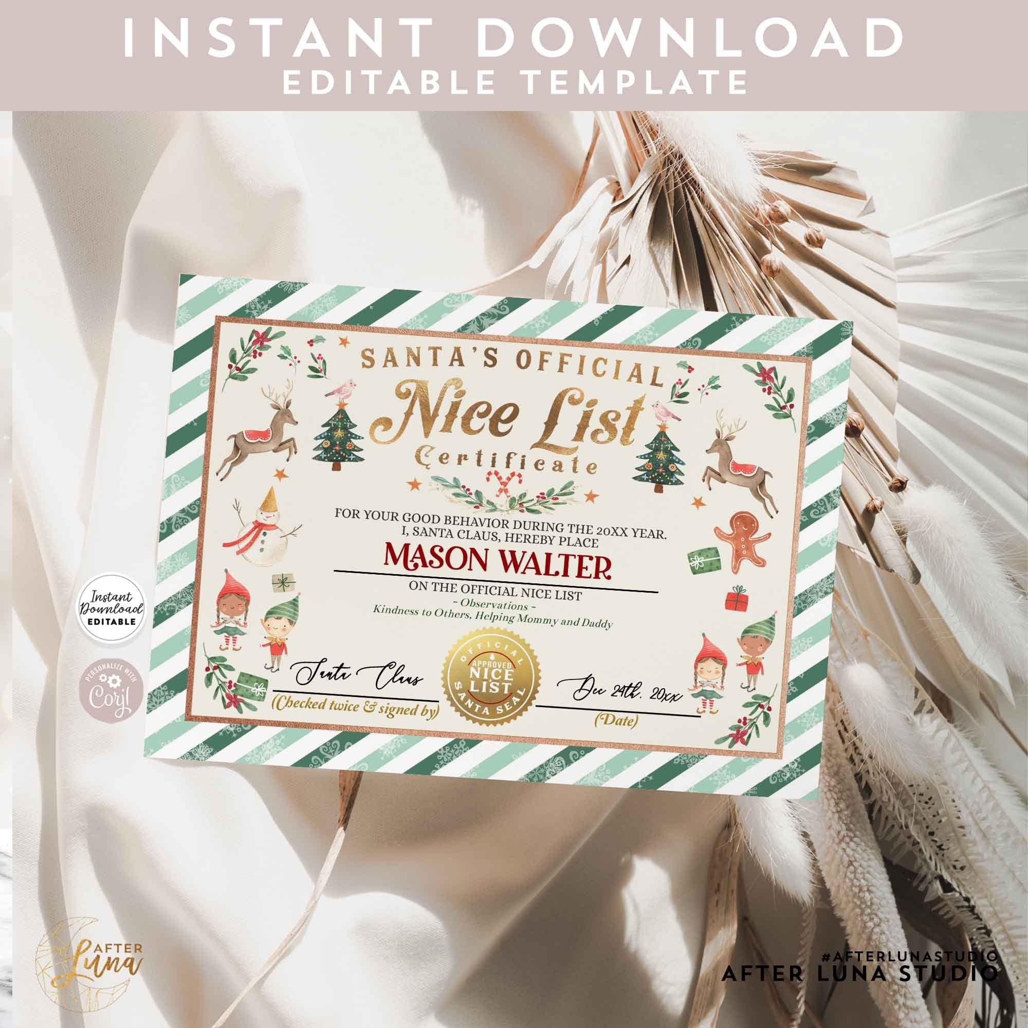 EDITABLE Green Nice List Certificate Printable Santa's - Etsy