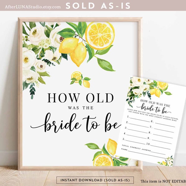 Greenery Lemon Bridal Shower Guess How Old Was Bride To Be Game Citrus Lemon She Found Her Main Squeeze Printable Instant Download 157BR3