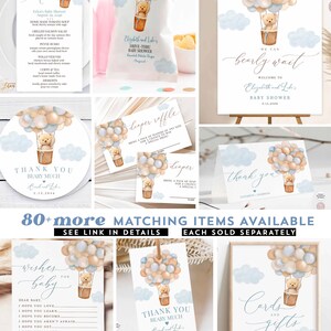 May include: A set of printable baby shower decorations featuring a teddy bear in a hot air balloon with blue and beige balloons. The text on the decorations includes "We can barely wait", "Thank you beary much", "Wishes for baby", and "Cards and gifts".