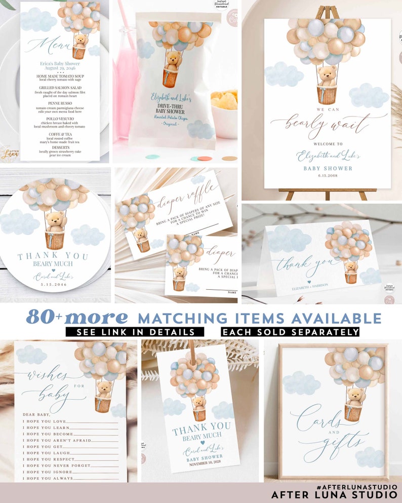 May include: A set of printable baby shower decorations featuring a teddy bear in a hot air balloon with blue and beige balloons. The text on the decorations includes "We can barely wait", "Thank you beary much", "Wishes for baby", and "Cards and gifts".