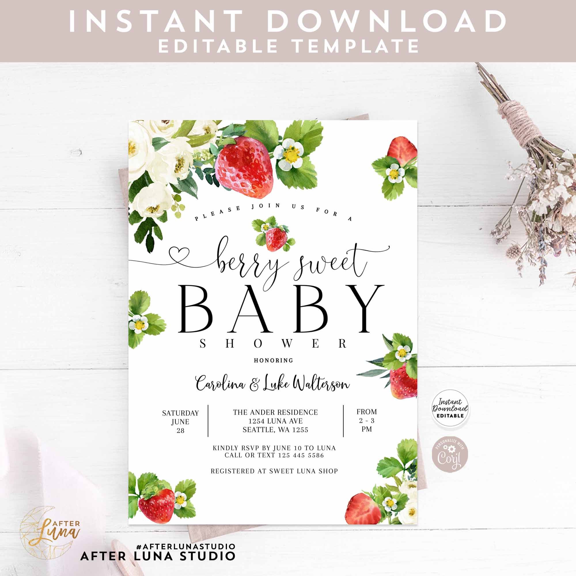 Editable Strawberry Baby Shower Invitation Berry Sweet Baby Shower