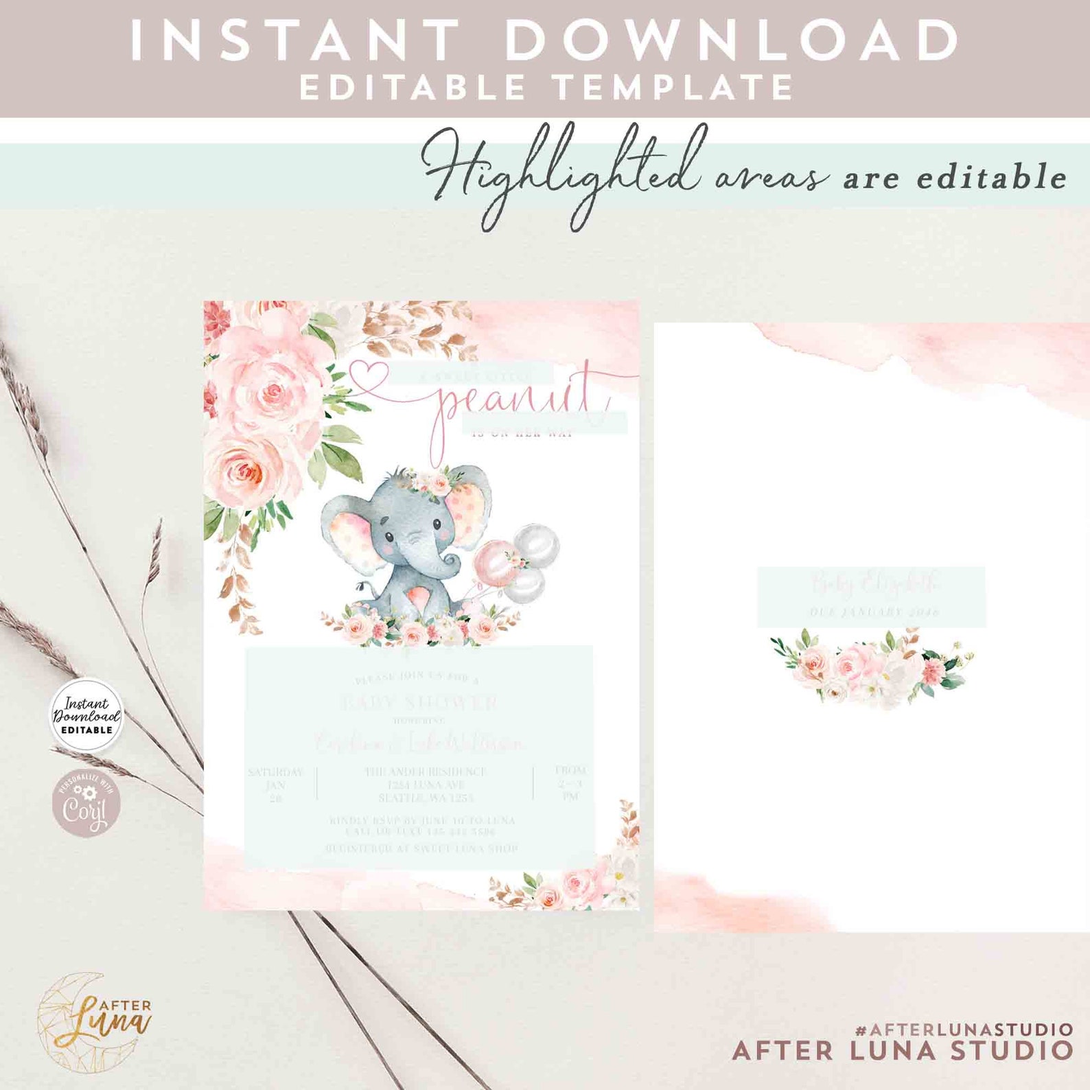 EDITABLE Blush Pink Rose Gold Elephant Baby Shower Invitation Girl Baby ...