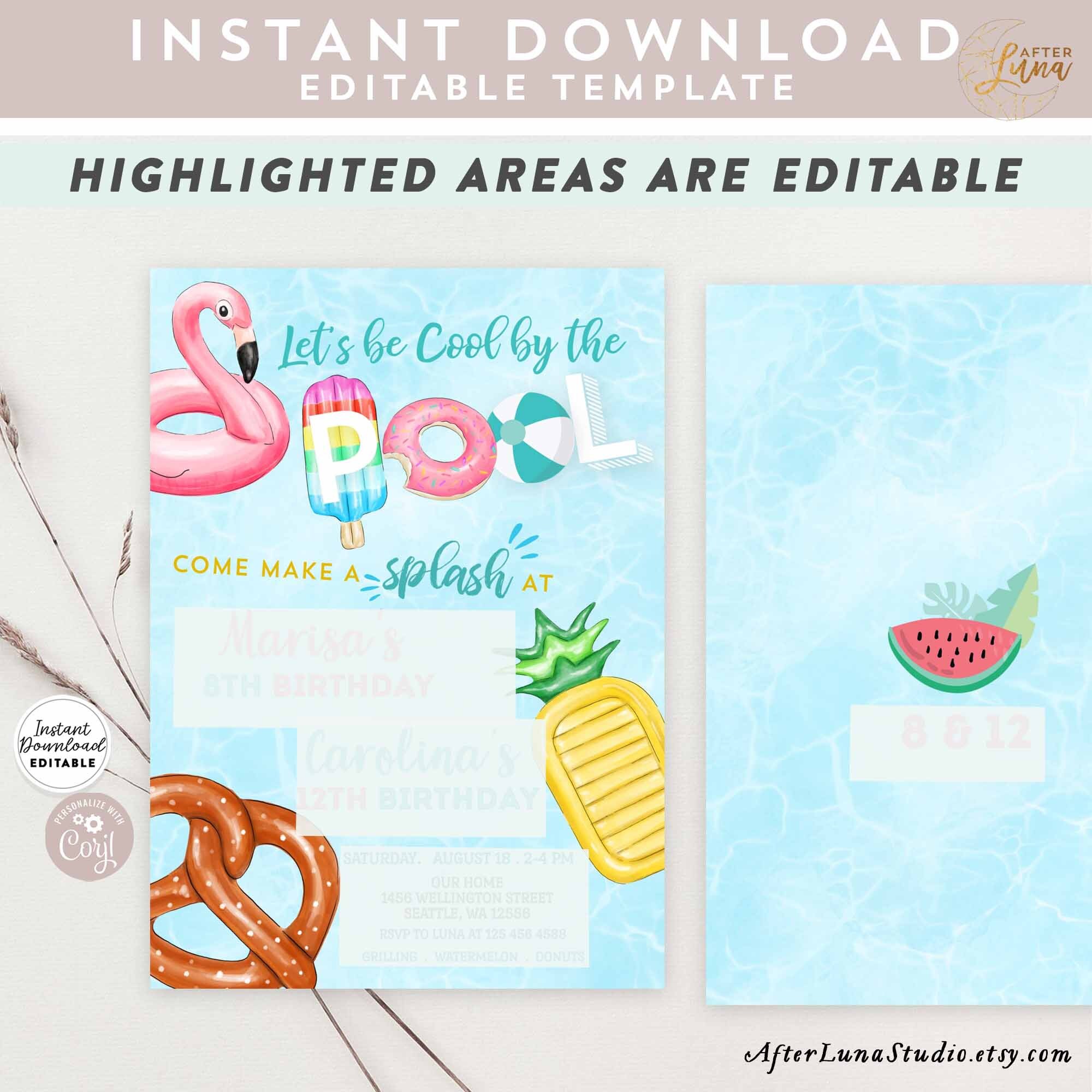 Editable Joint Double Age Girl Pool Party Birthday Invitation Etsy 日本