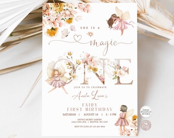 Editable Fairy Magic ONE Birthday Invitation Butterfly Magical Wildflower Garden Fairy Fairy Birthday Invite Instant Download 858K1 (1-4)