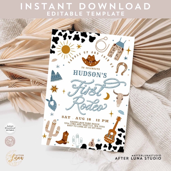 Editable Cowboy My First 1st Rodeo Invitation Birthday Invite Ranch Wild West 1 Rodeo 1st Birthday Invite Digital Template 748K1 (1-1)