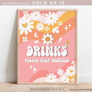 May include: A printable digital download of a pink and yellow groovy 70s style sign that says "DRINKS PLEASE HELP YOURSELF" with daisies and other retro designs.