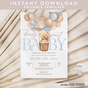 May include: Baby shower invitation with a watercolor design. The invitation features a teddy bear in a hot air balloon with the text "We can bearly wait BABY". The invitation includes the baby's name, shower details, and RSVP information.