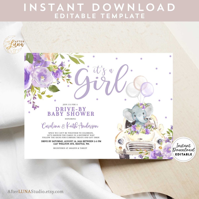 Editable Drive by Baby Shower Invitation Girl Purple Lavender Etsy
