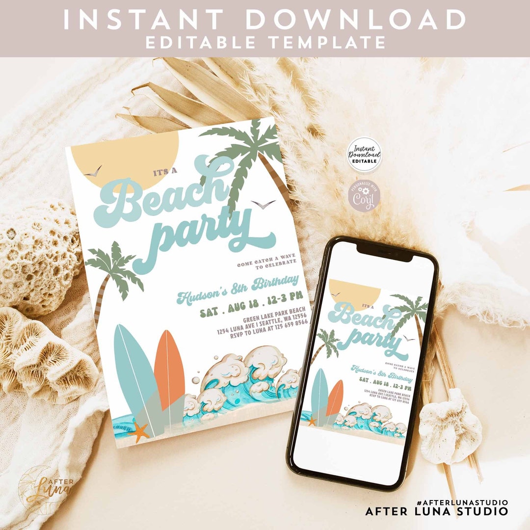 Editable ANY AGE Boy Surf Surfing Beach Party Birthday Party Invitation ...