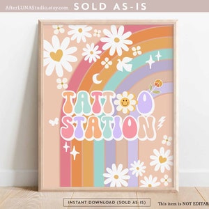 Groovy Birthday Party Decor 70' Daisy Tattoo Station Sign Decor Groovy Rainbow Hippie Birthday Decoration Printable Instant Download 633K4