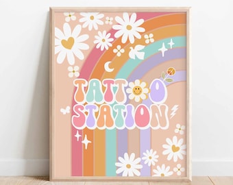 Groovy Birthday Party Decor 70' Daisy Tattoo Station Sign Decor Groovy Rainbow Hippie Birthday Decoration Printable Instant Download 633K4