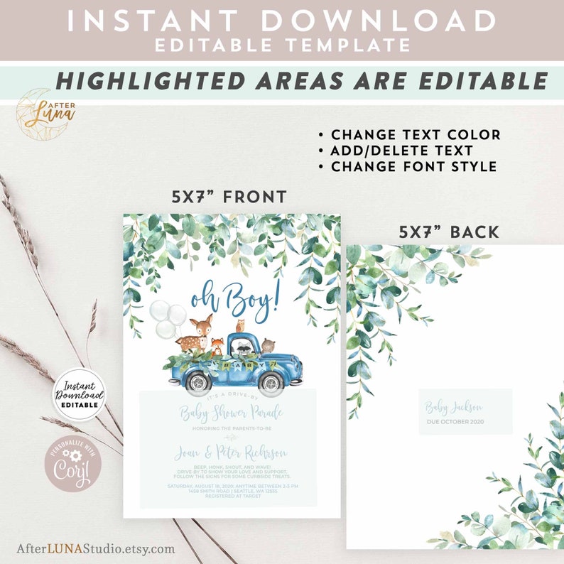 Editable Drive By Baby Shower Invitation Boy Blue Pickup Truck Etsy