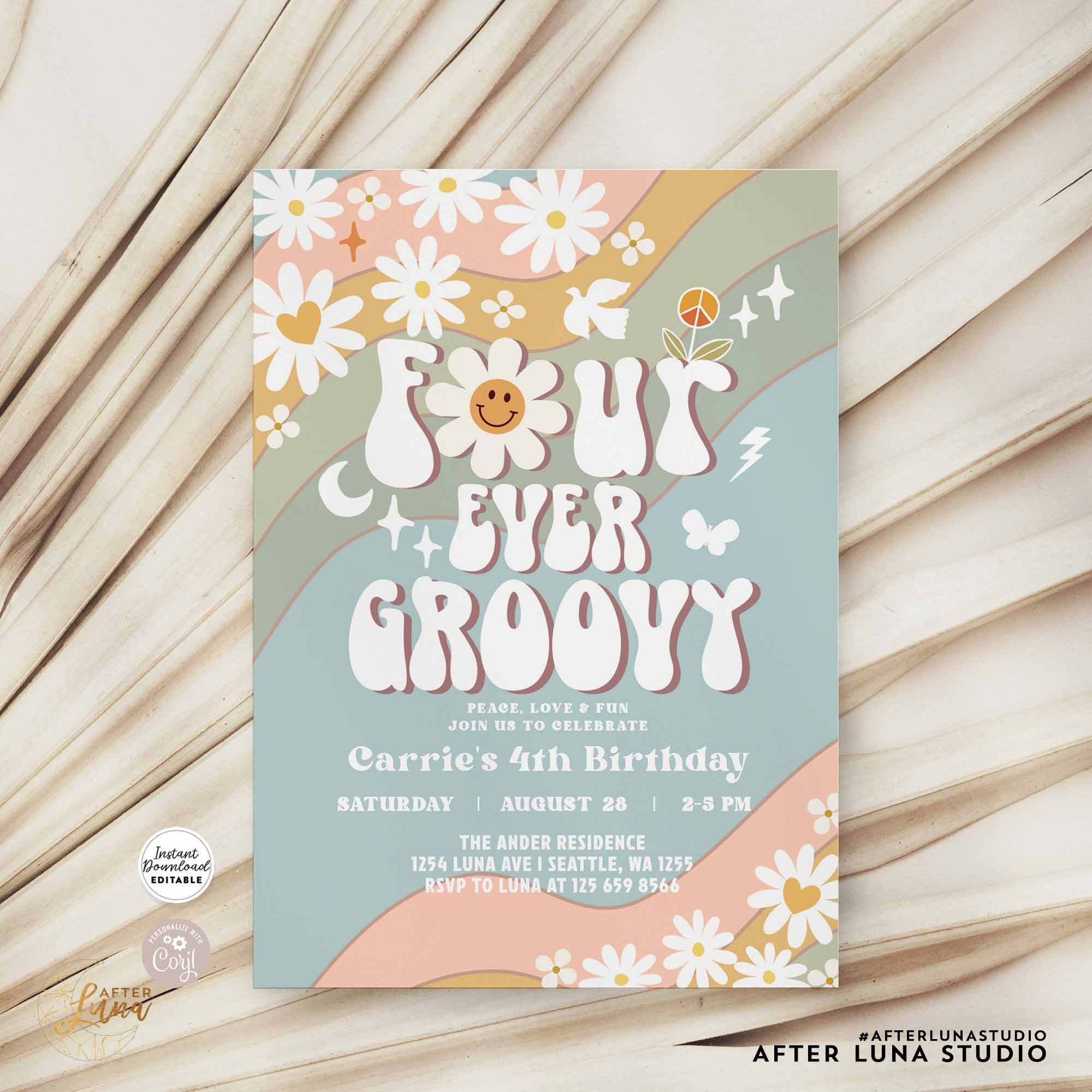 Editable 4th Muted Green Blue Four Ever Groovy 4th Birthday Invite ...