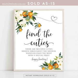 Orange Citrus Find the Cuties Game Sign White Floral Rustic A Little Cutie is on the Way Orange Games Printable Instant Download 248V1