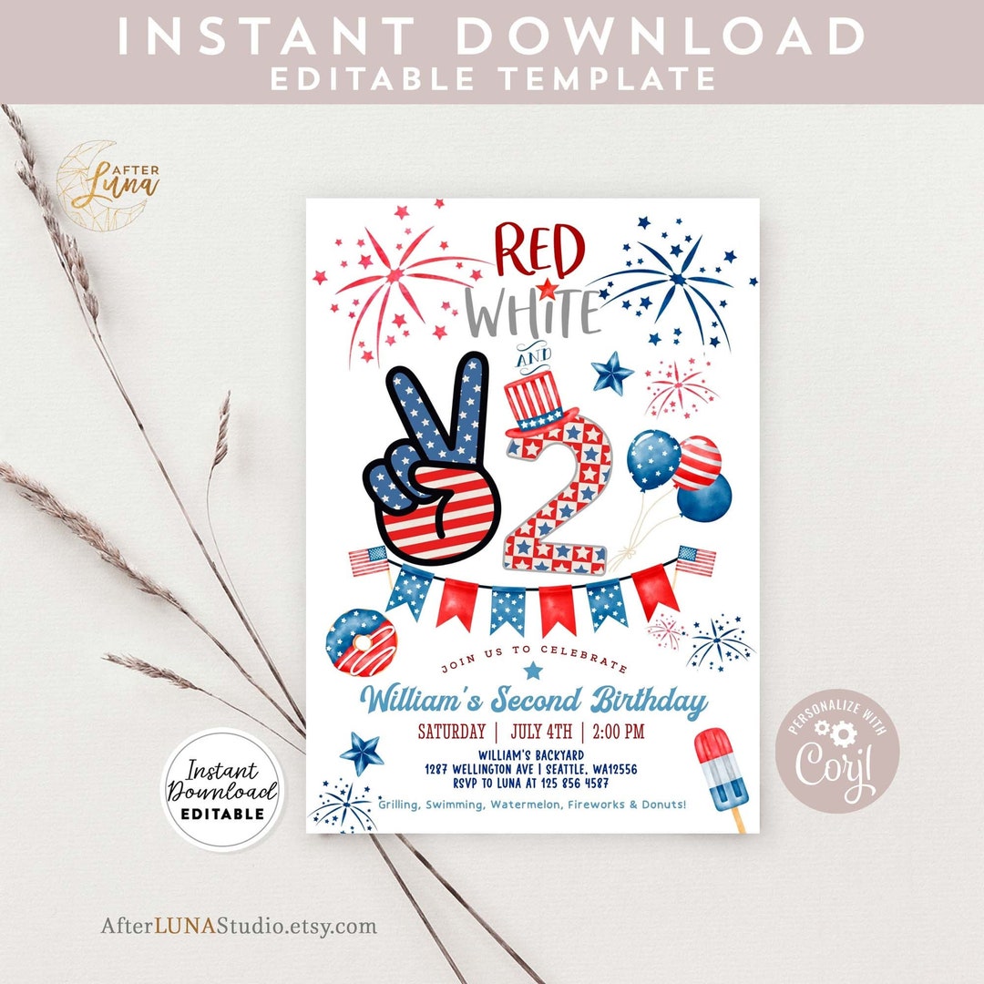 Editable Red White and Two Invitations 4th of July 2nd Birthday ...