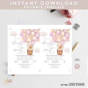May include: A printable baby shower invitation featuring a teddy bear in a hot air balloon with pink and beige balloons. The text reads "We can bearly wait" and "For Baby Emma Rose to Arrive".