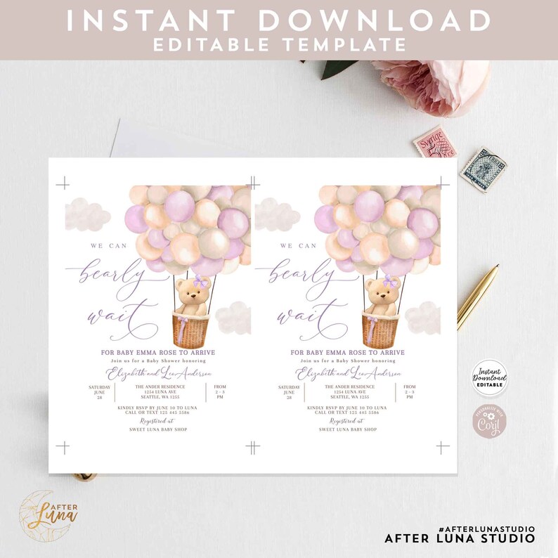 May include: A printable baby shower invitation featuring a teddy bear in a hot air balloon with pink and beige balloons. The text reads "We can bearly wait" and "For Baby Emma Rose to Arrive".